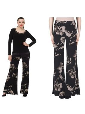 Joseph Ribkoff black taupe floral palazzo pants flowy wide-leg